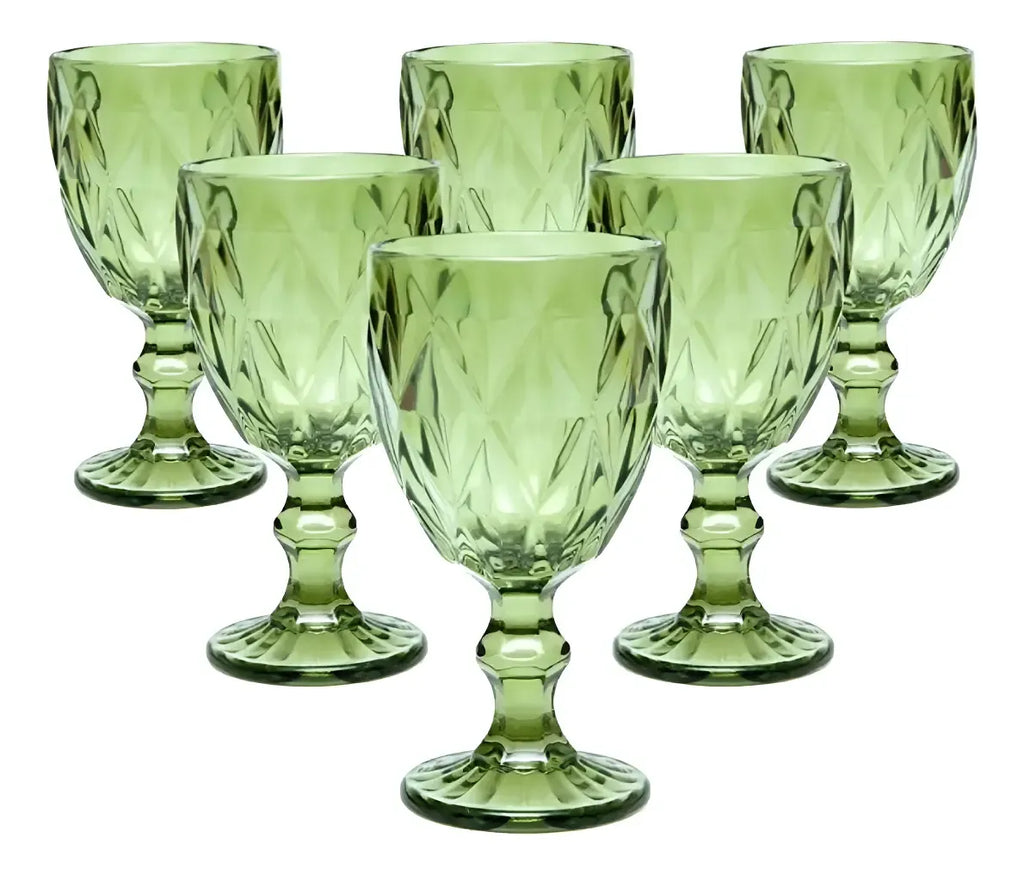 Jogo 06 Taças De Vidro Diamond Verde 260ml Luxo Diamante