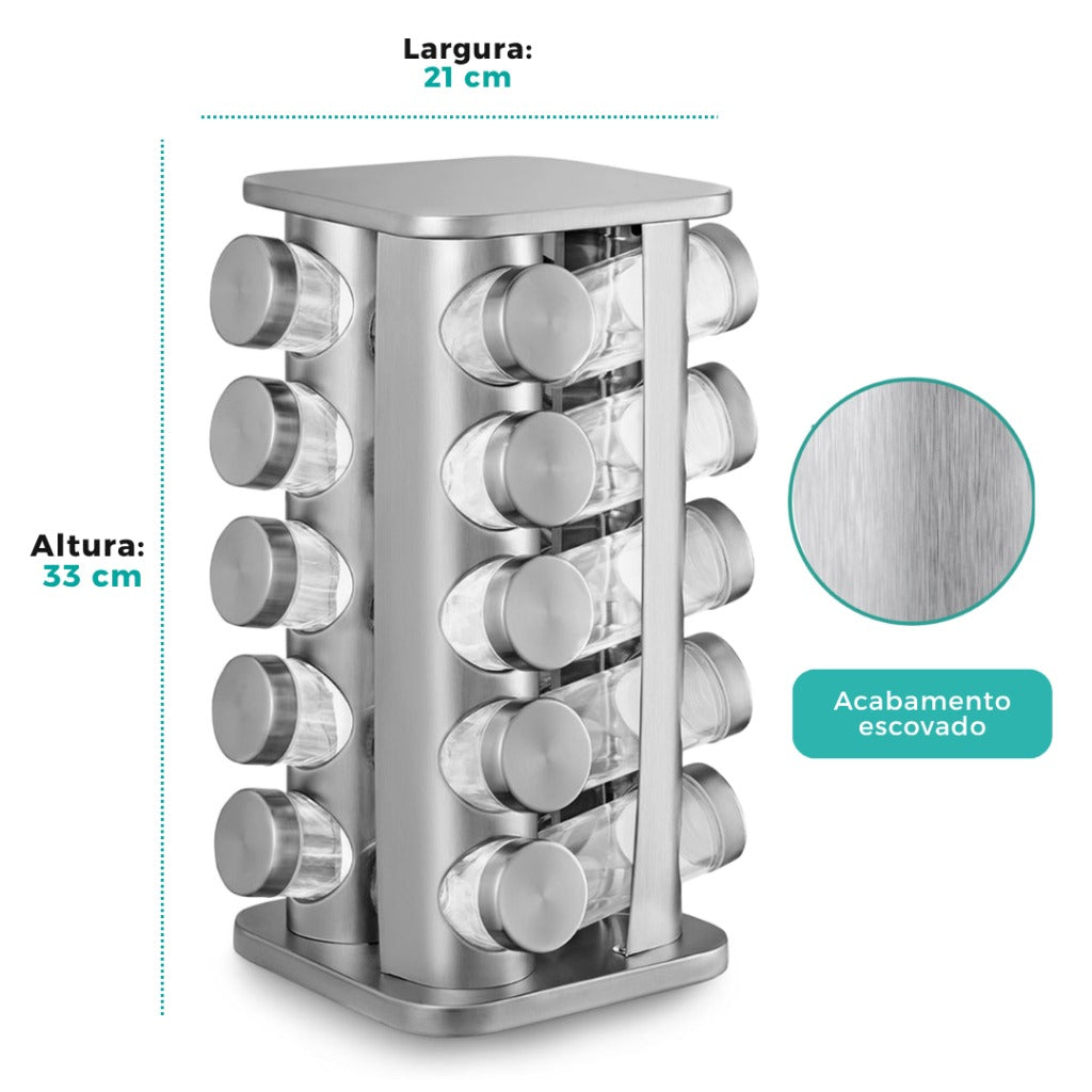 Porta-Temperos Giratório em Inox – 16 Peças